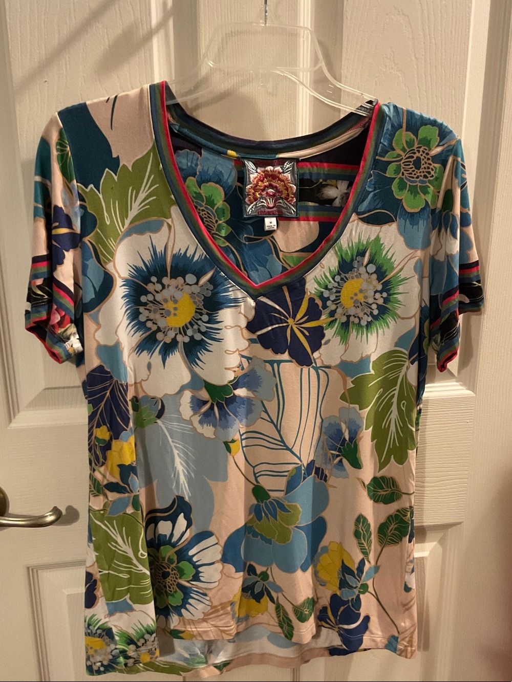 Johnny Was Short Sleeve V-Neck Floral Top in Blue, Green, Yellow
